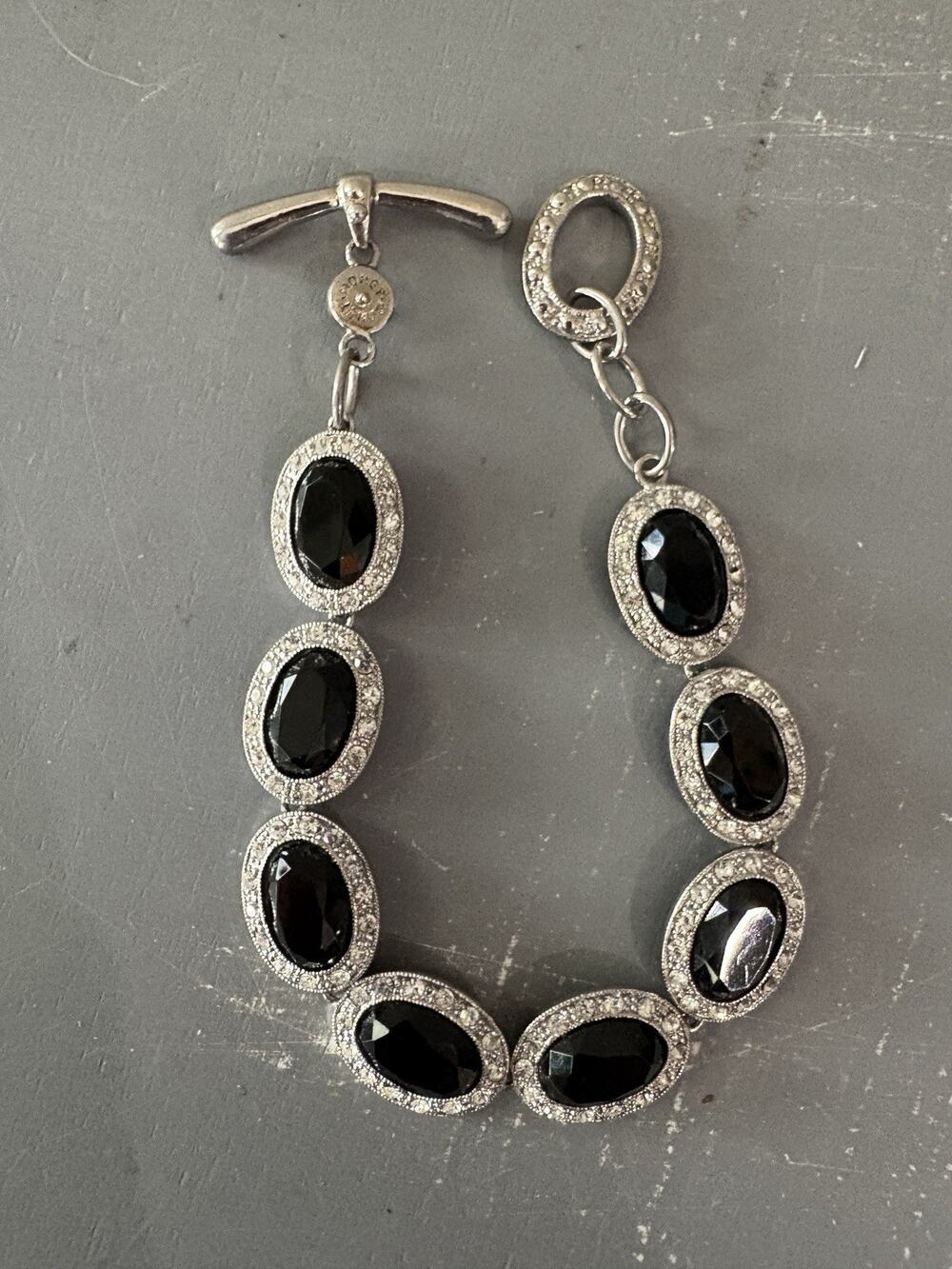 Vintage Monet Faceted Black Glass and Clear Rhinestone Toggle Clasp Bracelet